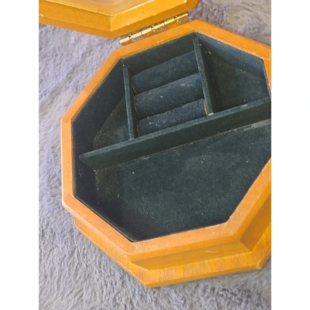 VTG Wooden Octagon Jewelry Box Floral Etched Glass Lid Mirror Inset Small‎ 70s